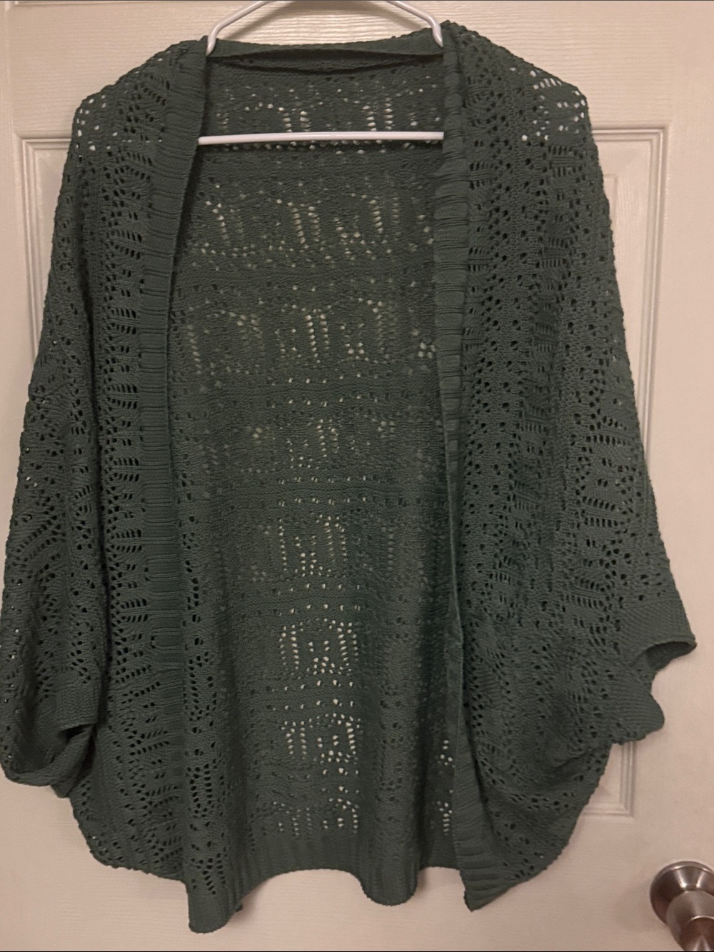 Open-Front Crochet Knit Shrug in Dark Green